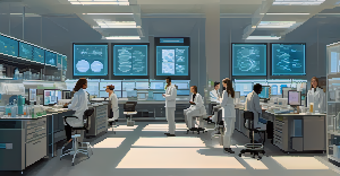 A diverse group of researchers in a bright laboratory analyzing genetic data, with modern equipment and molecular models.