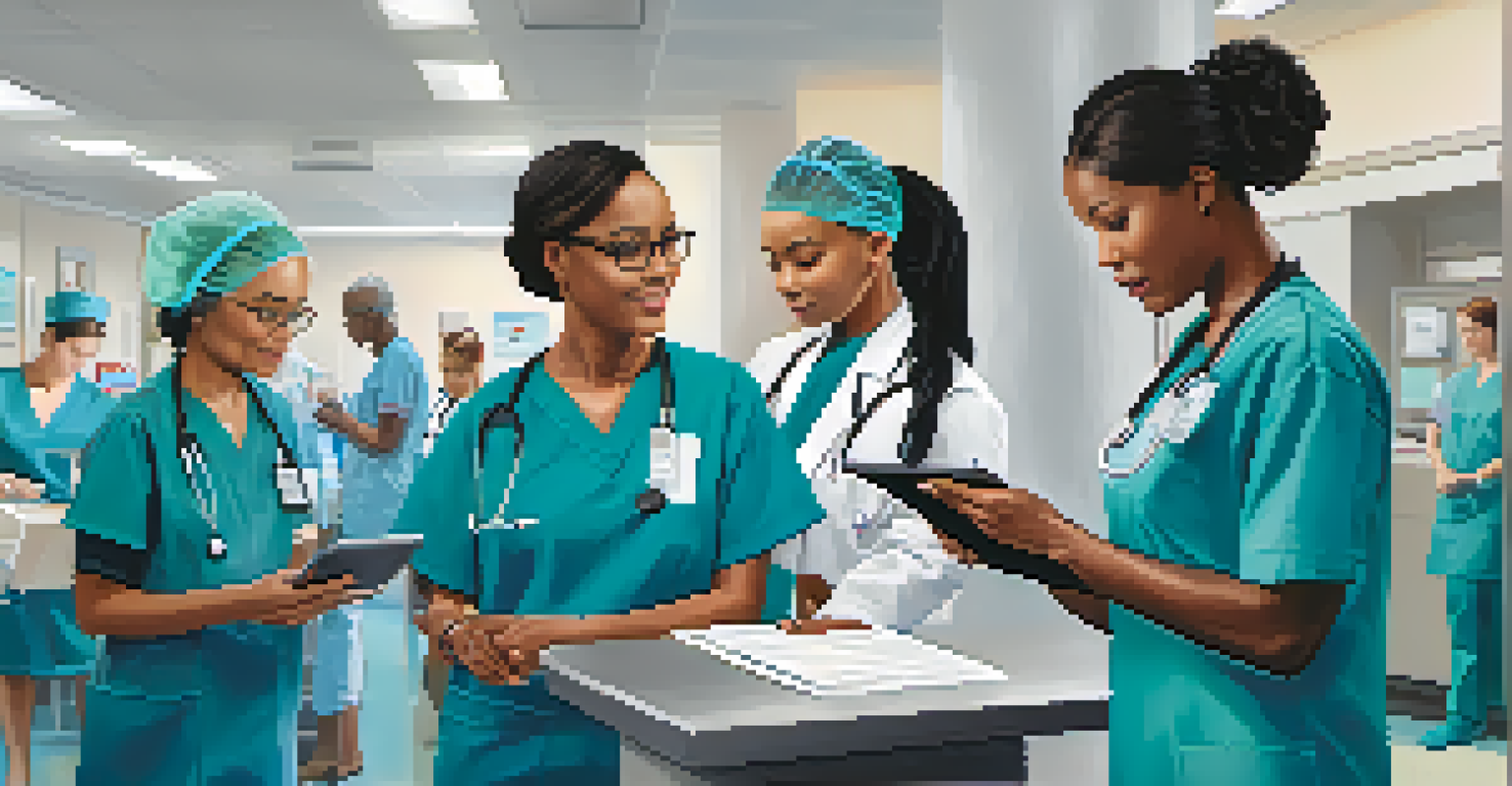 Three healthcare workers collaborating and discussing in a modern hospital setting.