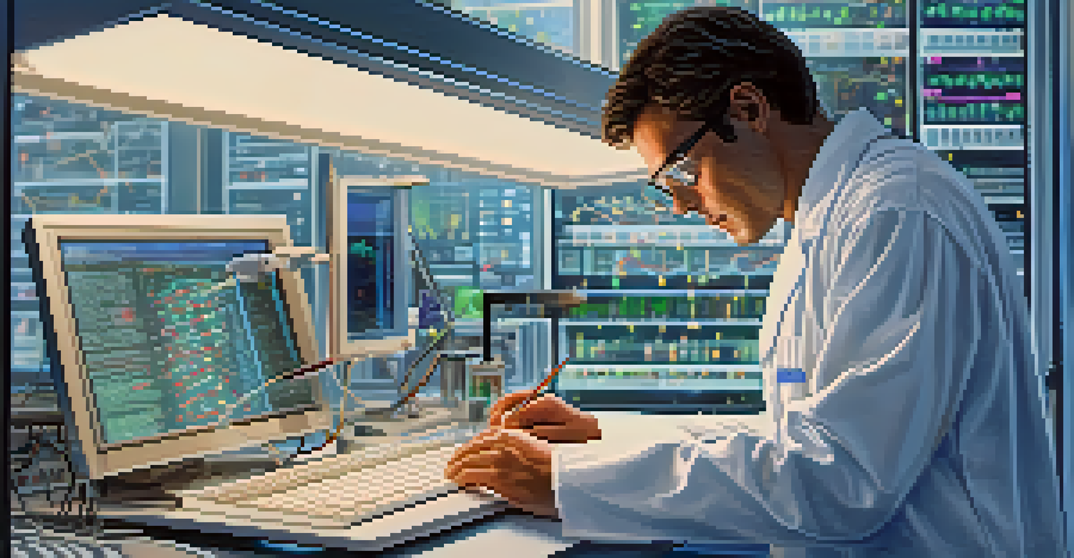A researcher examining genetic data on a computer in a modern laboratory filled with lab equipment.