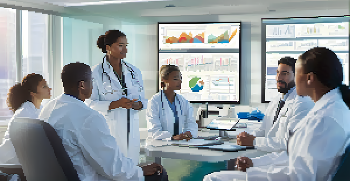 A group of healthcare professionals in a bright room discussing data related to outcomes research, with charts on the walls and digital devices around them.