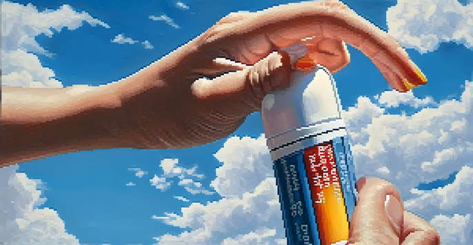 A person's hand holding a colorful inhaler with a bright blue sky and soft clouds in the background.