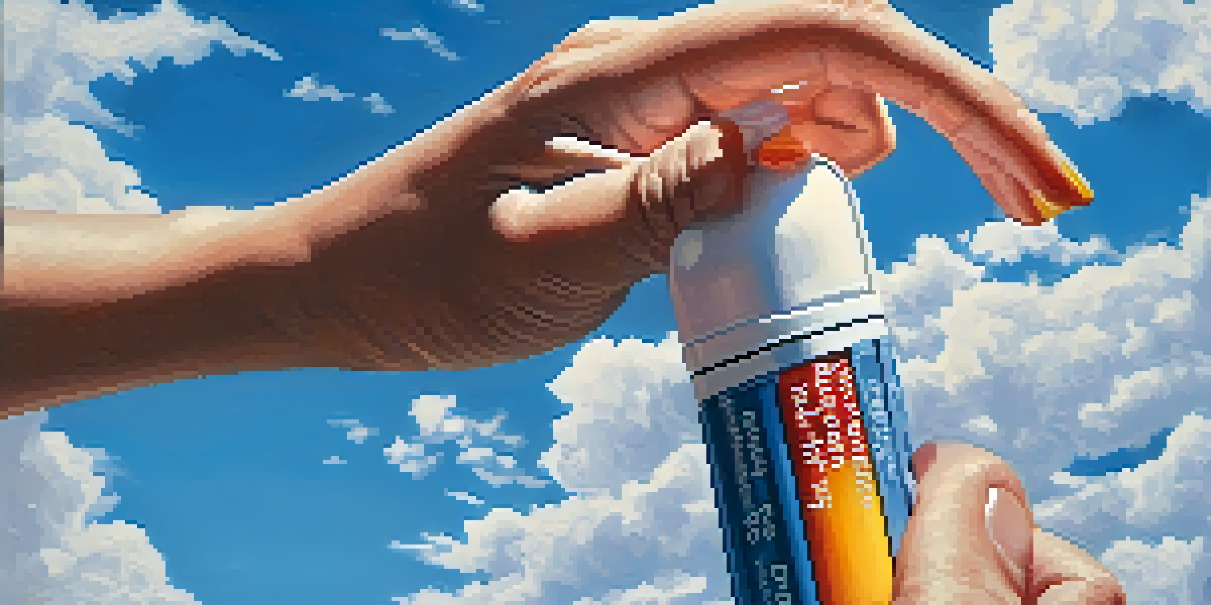 A person's hand holding a colorful inhaler with a bright blue sky and soft clouds in the background.