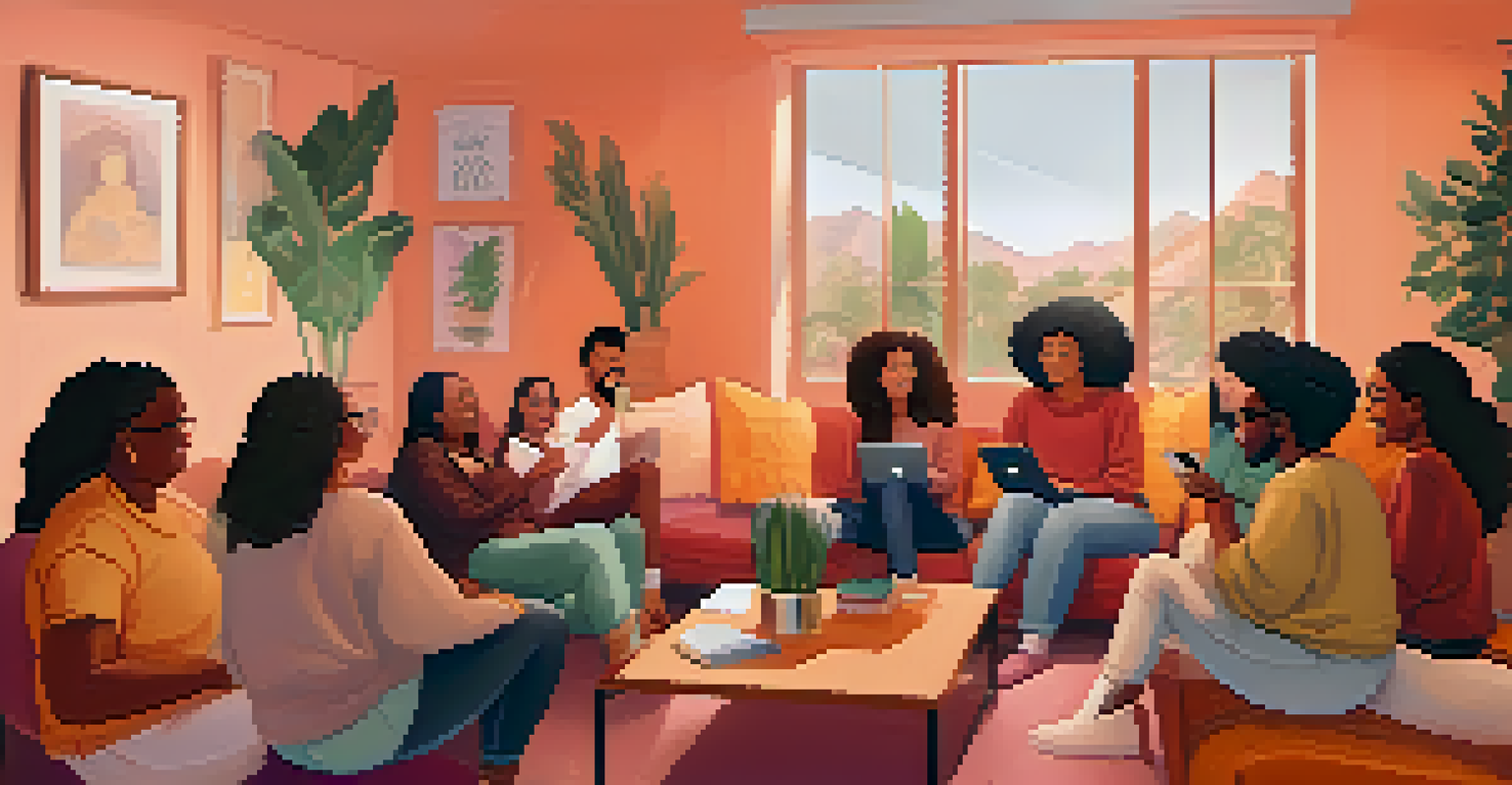 An online group therapy session with diverse participants sharing their experiences in a supportive environment.