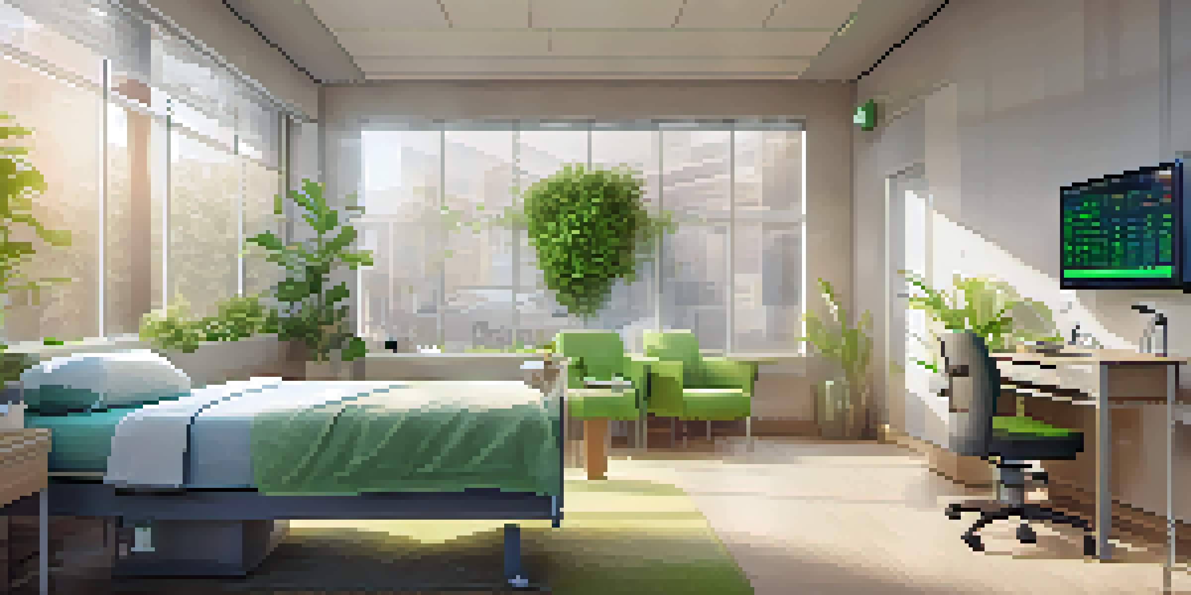 A peaceful hospital room with a patient in a bed, surrounded by charts and quality metrics on a screen, and calming decor.