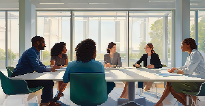 A diverse group of people engaged in a discussion about clinical trials in a bright conference room.