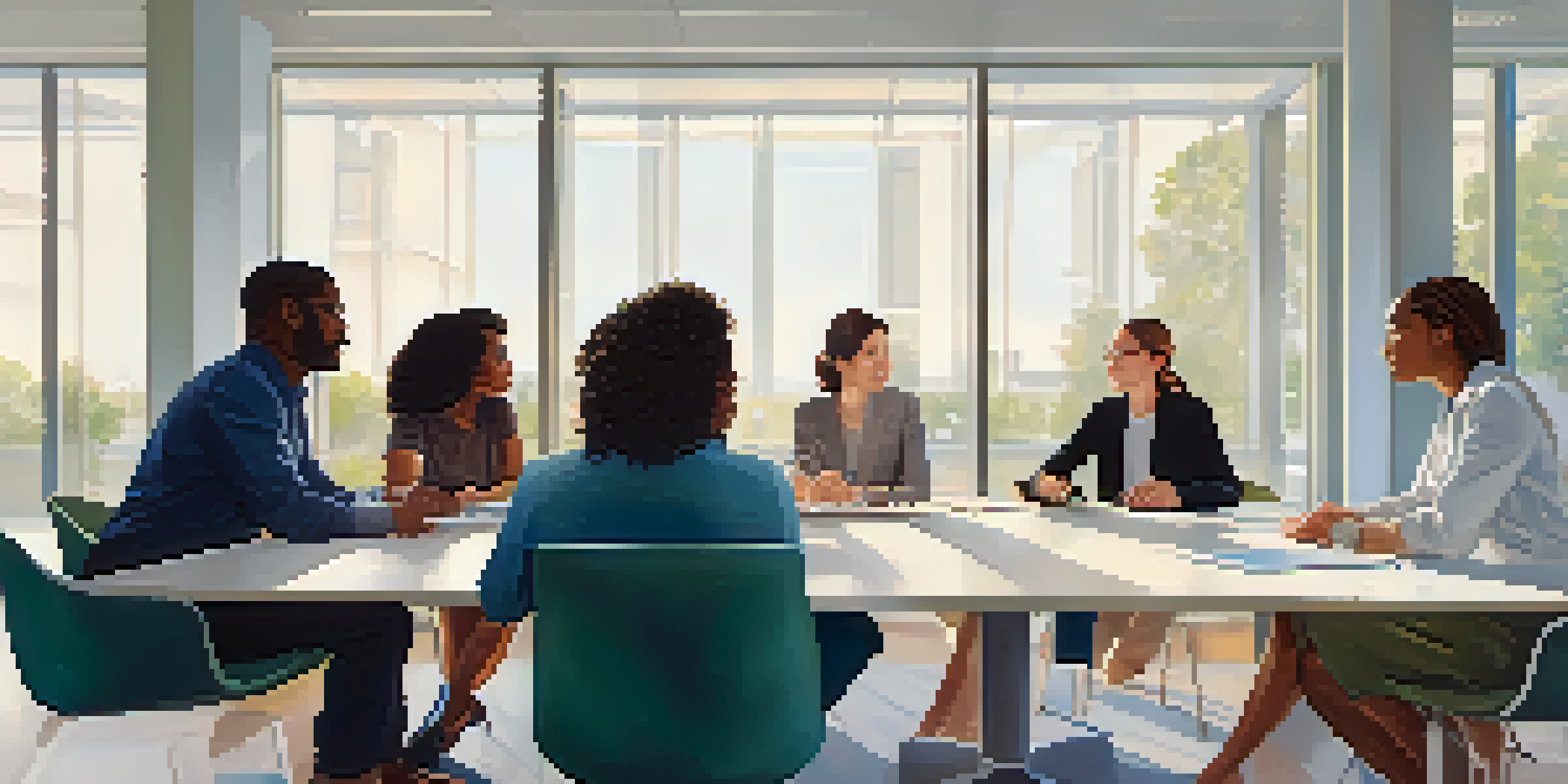 A diverse group of people engaged in a discussion about clinical trials in a bright conference room.