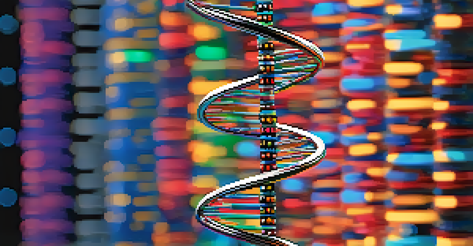 A close-up view of a colorful DNA double helix model alongside a digital interface, illustrating the intersection of biology and technology.