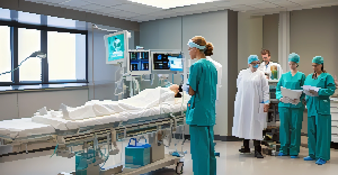 A group of healthcare professionals participating in a medical simulation training session around a high-fidelity mannequin in a modern hospital setting.