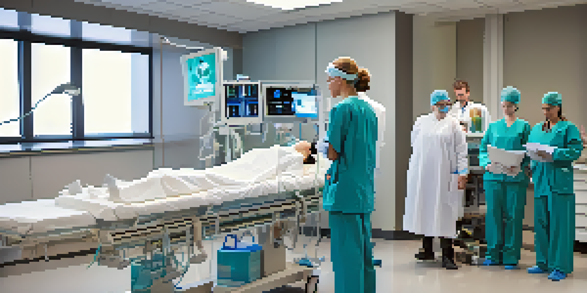 A group of healthcare professionals participating in a medical simulation training session around a high-fidelity mannequin in a modern hospital setting.