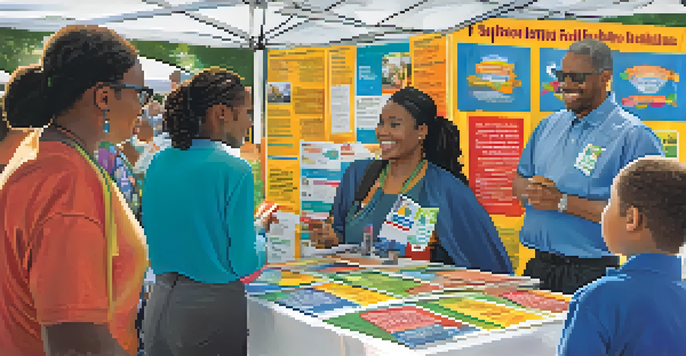 A community health fair booth with anti-tobacco messages and diverse attendees engaging with healthcare professionals.