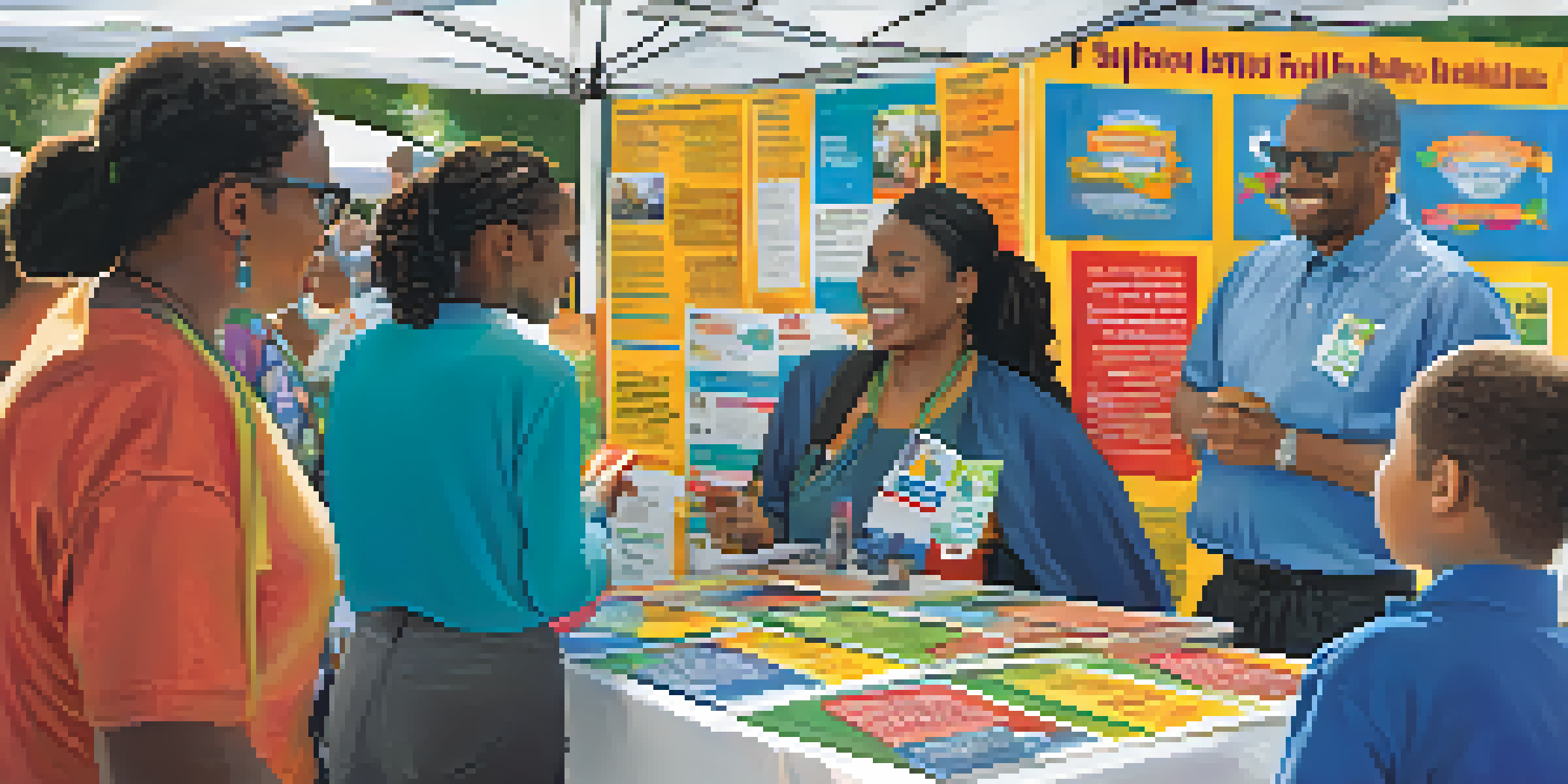 A community health fair booth with anti-tobacco messages and diverse attendees engaging with healthcare professionals.
