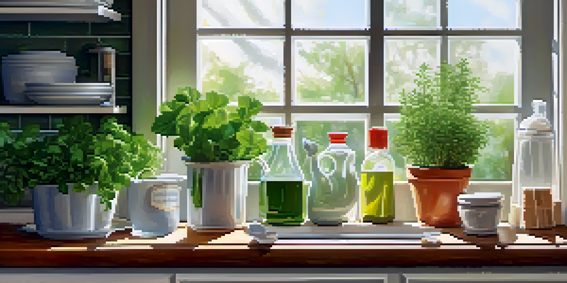 A sunny kitchen with natural cleaning products on a countertop, fresh herbs on a windowsill, and a green plant in the corner.