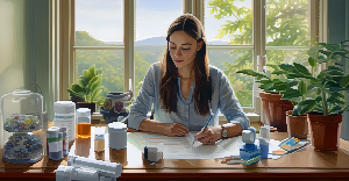 A person sitting at a table with asthma management tools, looking relaxed while reviewing their action plan in a bright indoor setting.