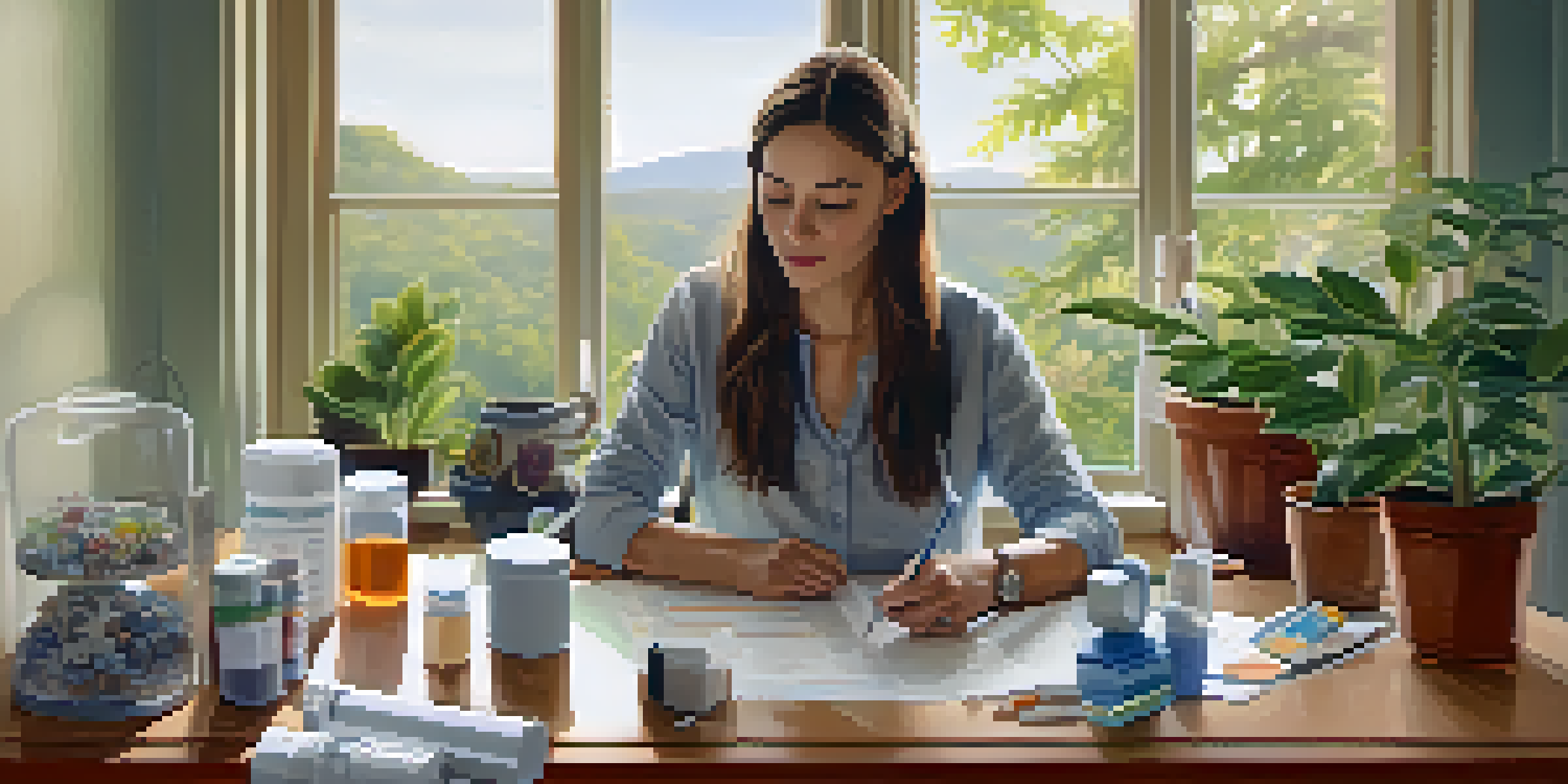 A person sitting at a table with asthma management tools, looking relaxed while reviewing their action plan in a bright indoor setting.