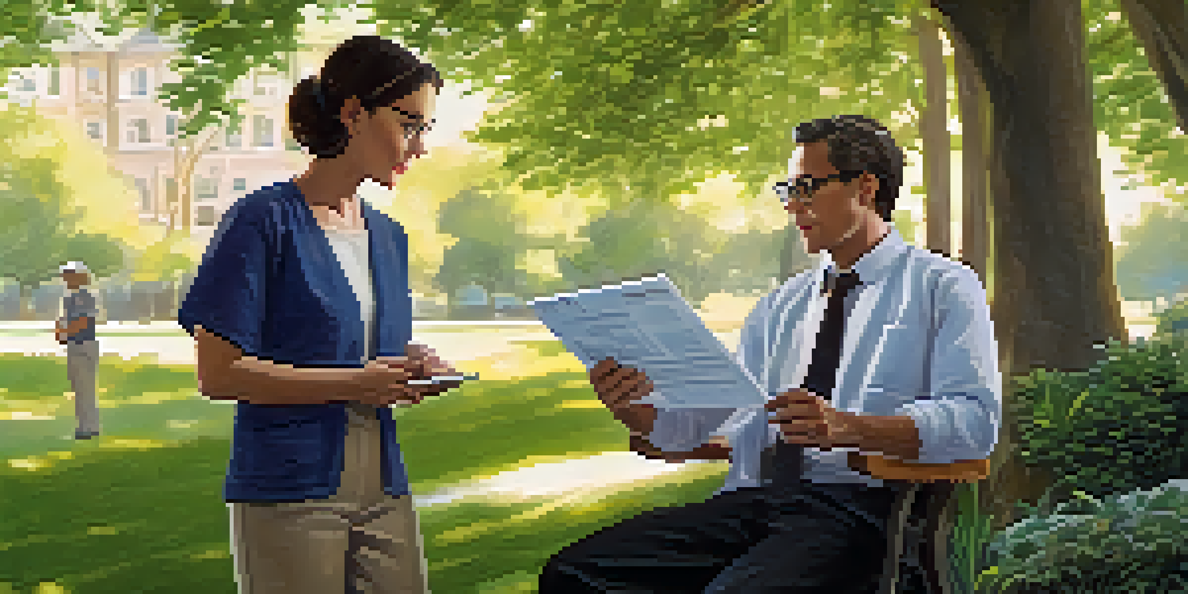 A genetic counselor and a patient having a discussion in a sunny park, surrounded by greenery, with a tablet in hand.