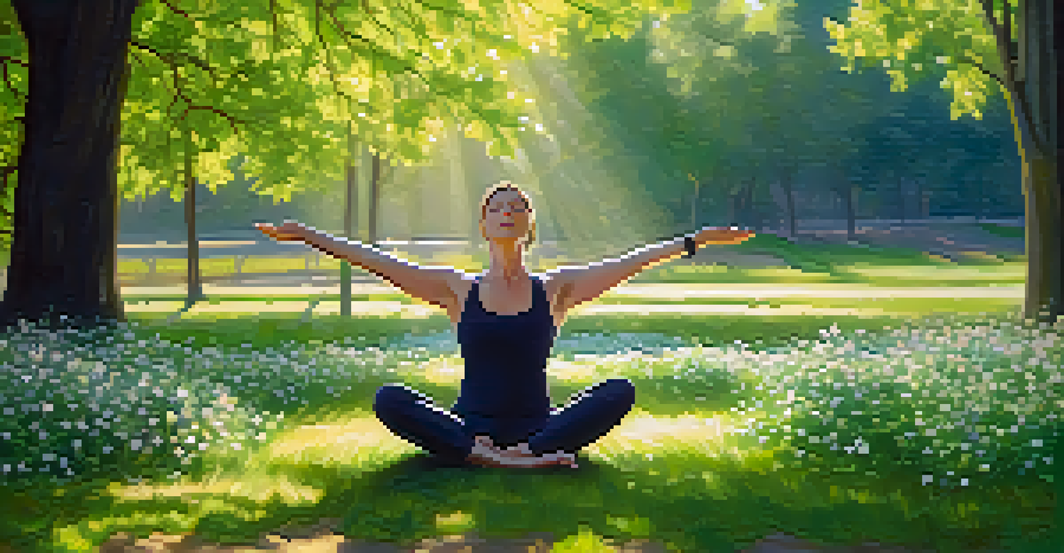 A woman practicing yoga in a sunny park, surrounded by nature.