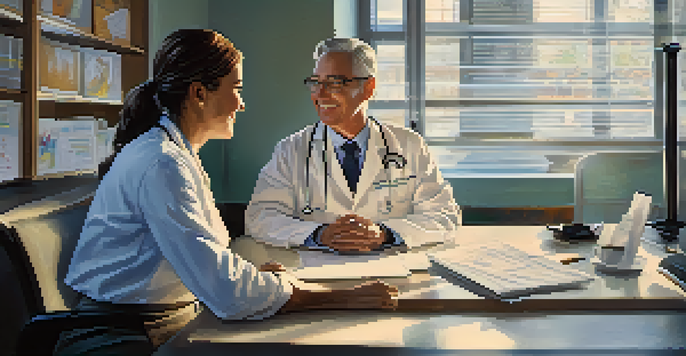 A friendly healthcare provider engaging with a relaxed patient in a well-lit office, showcasing open communication.