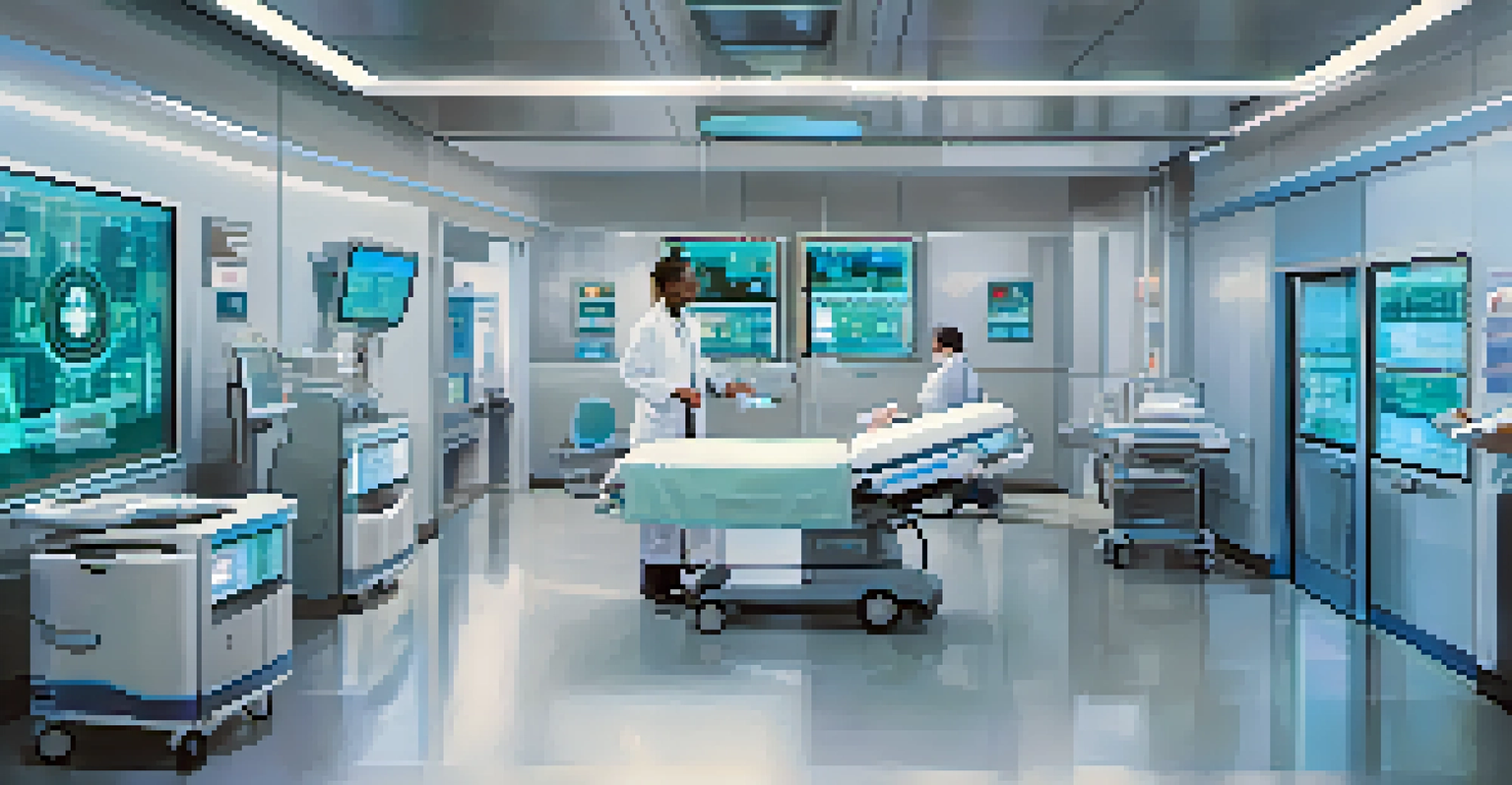 A futuristic hospital scene showing robots and AI technology assisting medical staff with patient care.