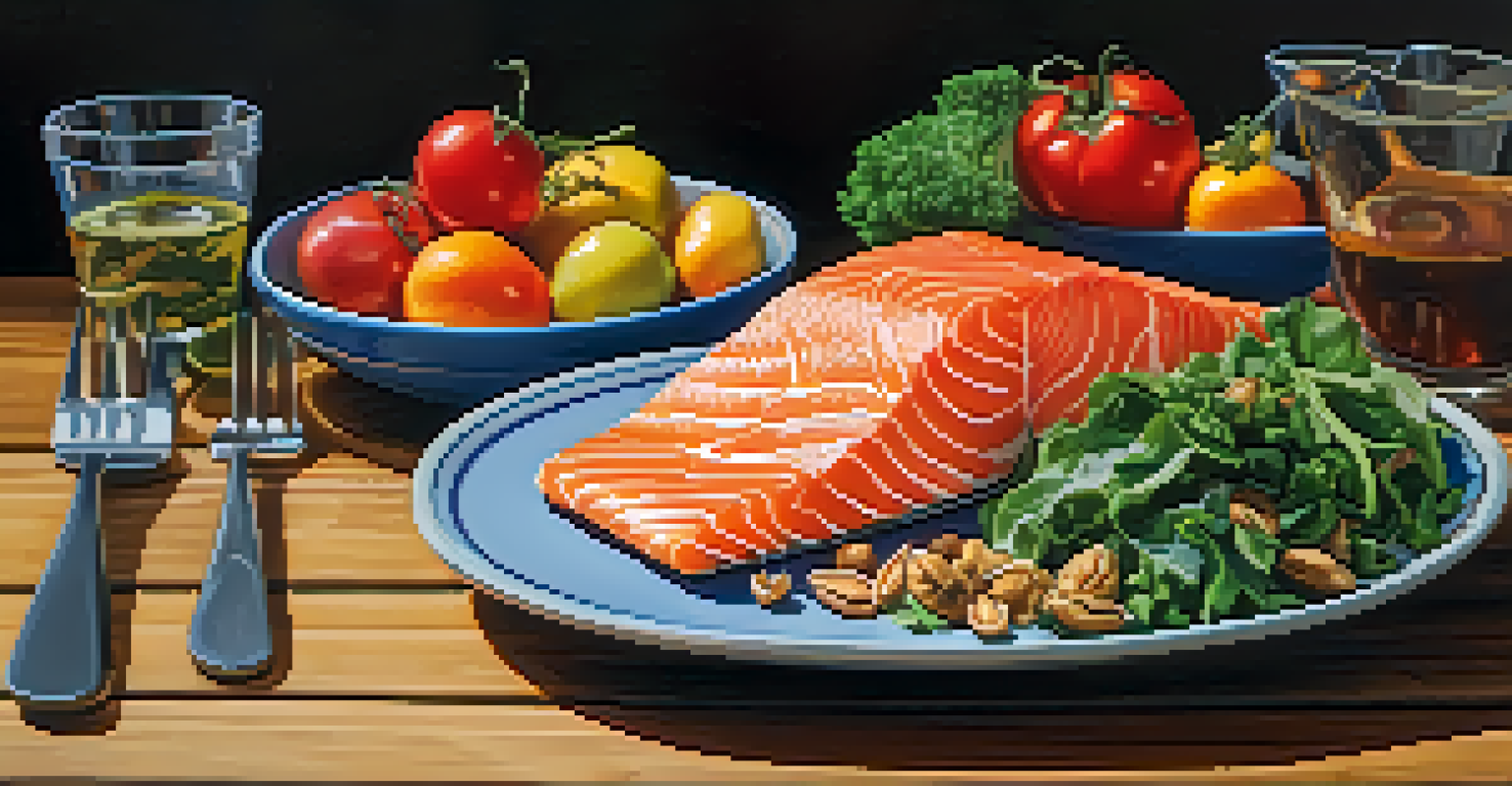 A balanced meal featuring salmon, leafy greens, and walnuts on a wooden table with natural lighting.