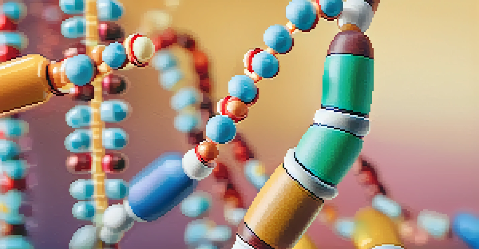A DNA strand with pharmaceutical capsules and a stethoscope, representing personalized medicine.