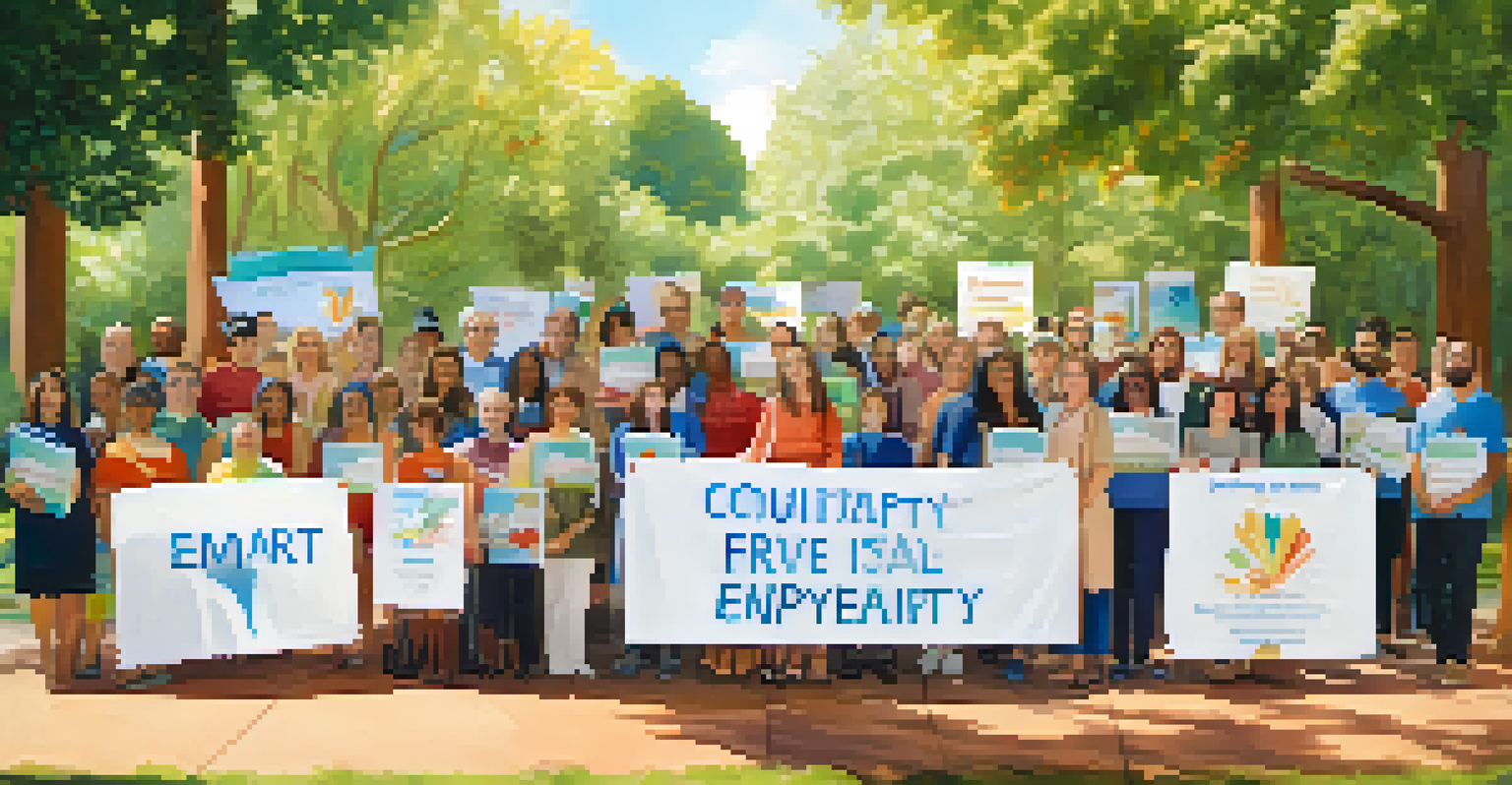 A diverse group of individuals at a patient advocacy event, sharing stories and holding banners about rare diseases.