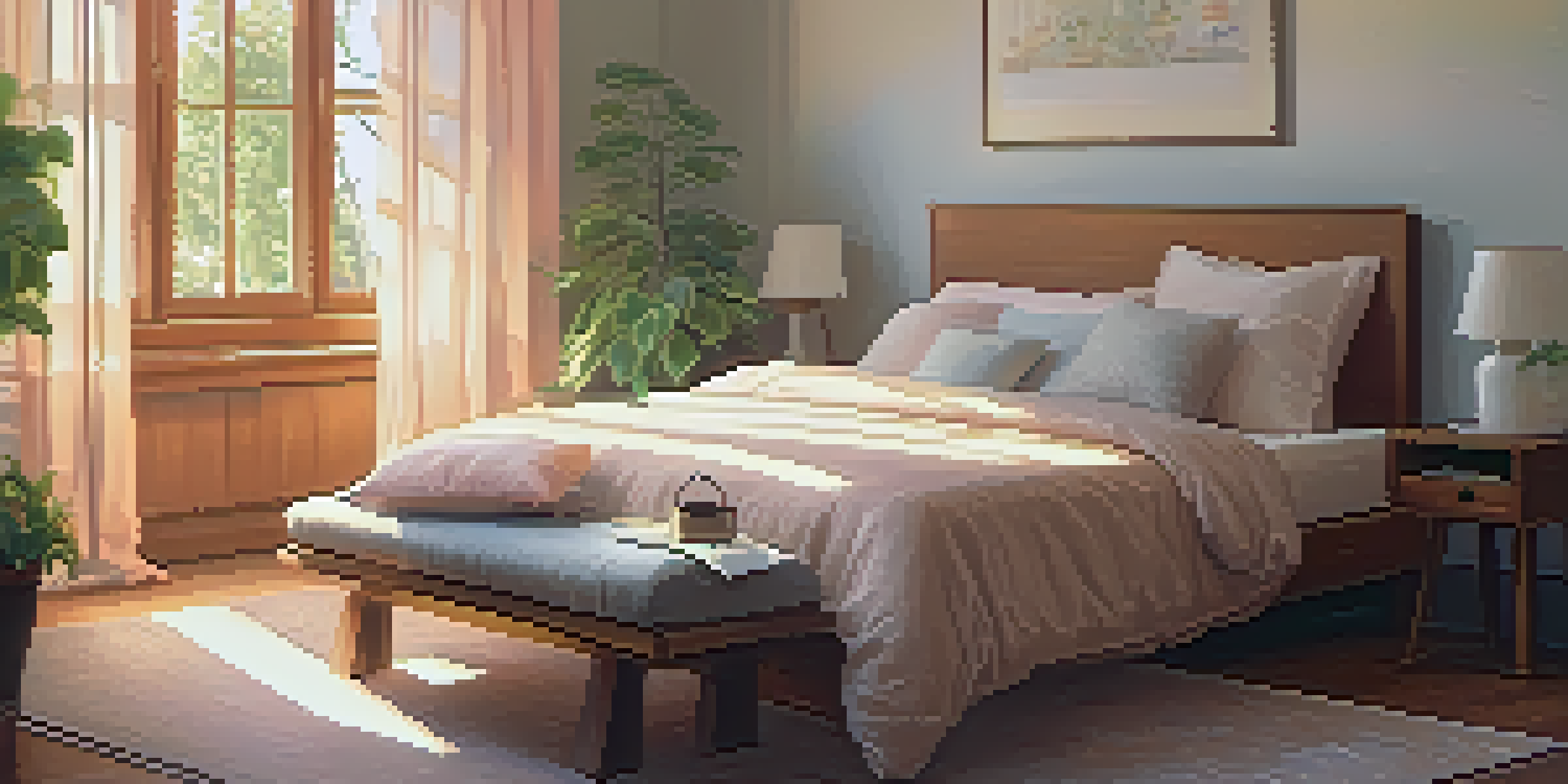 A peaceful bedroom with a pastel bed, sunlight filtering through curtains, and a bedside table with a plant and a book.