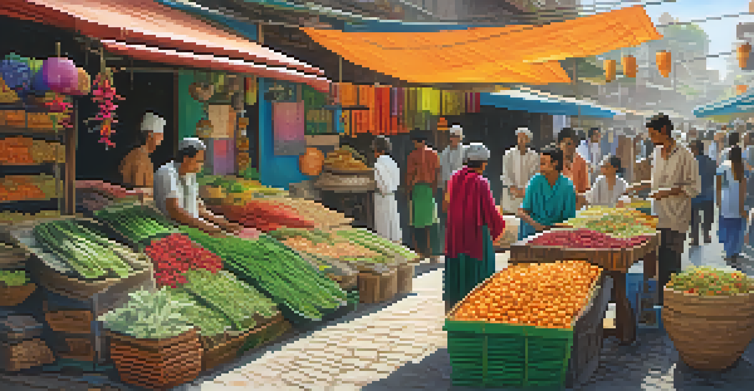 A bustling urban market with stalls of herbal remedies and modern health products, illustrating cultural health practices.