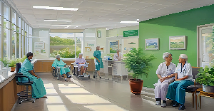A diverse group of people receiving healthcare services in a bright clinic, with a friendly worker assisting a patient, surrounded by greenery.