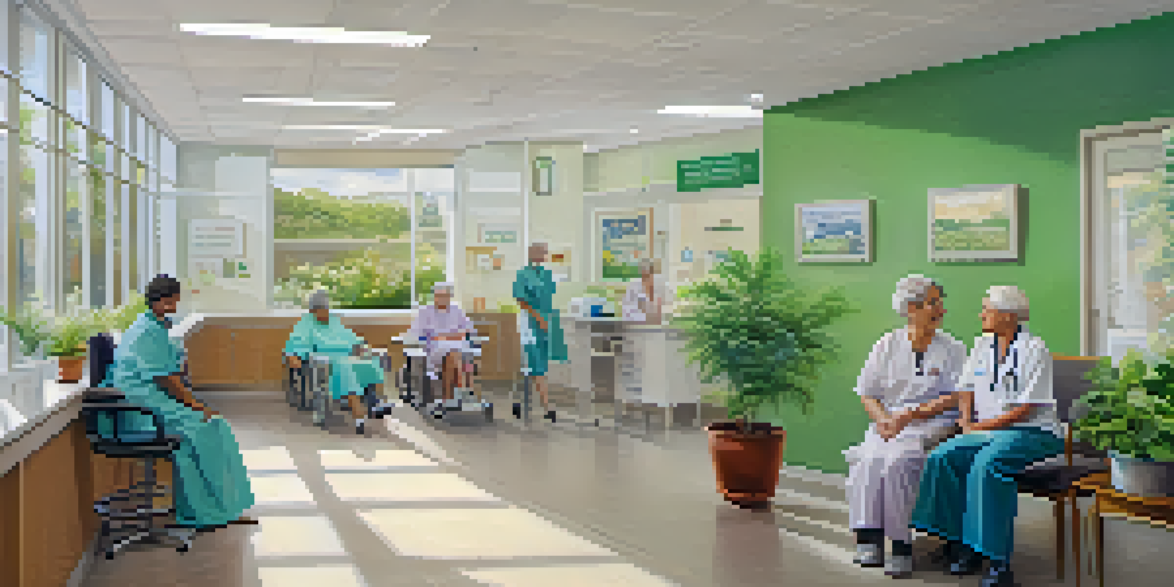 A diverse group of people receiving healthcare services in a bright clinic, with a friendly worker assisting a patient, surrounded by greenery.