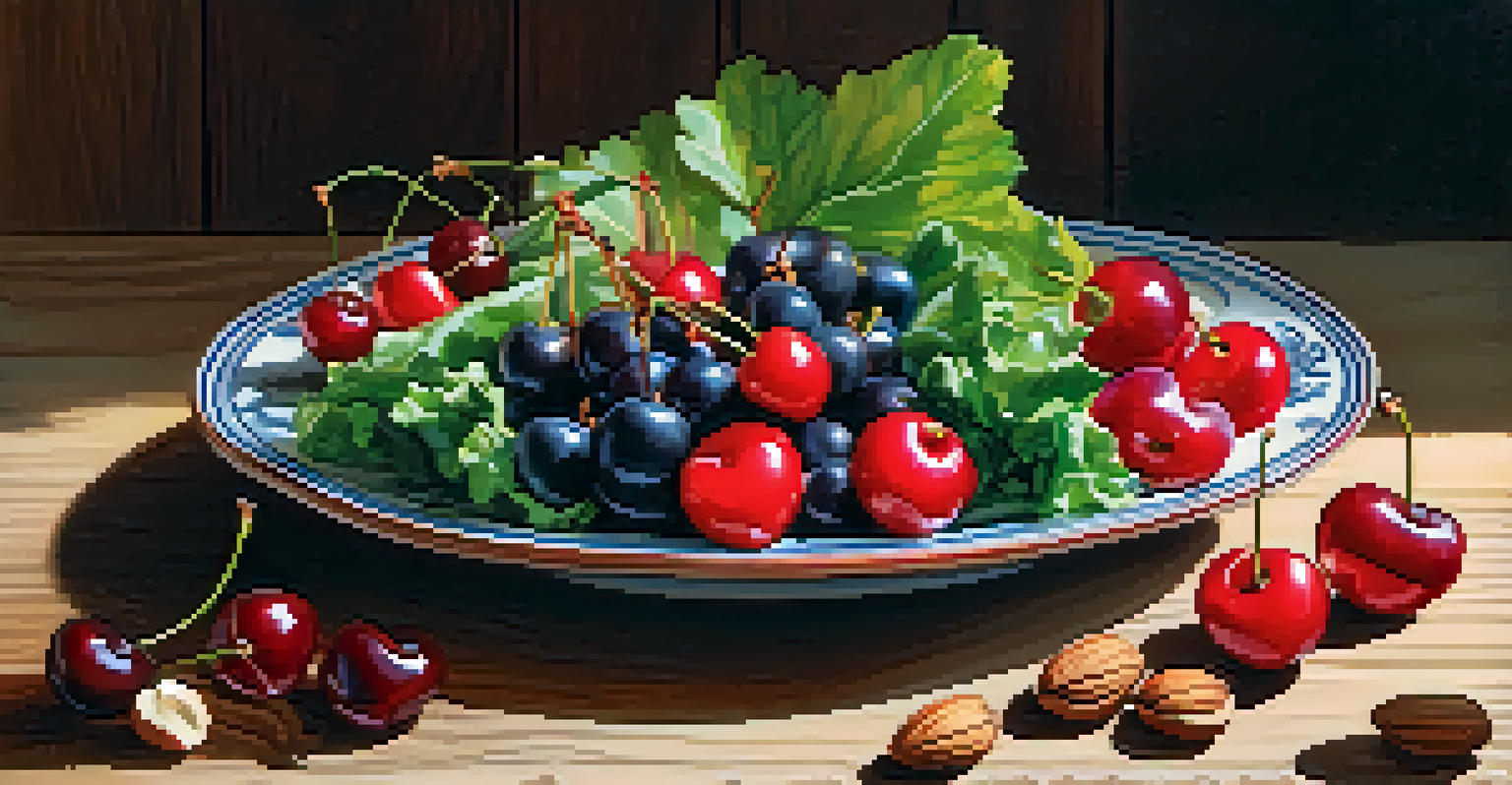 A plate filled with leafy greens, nuts, and cherries, highlighting healthy foods that promote better sleep.