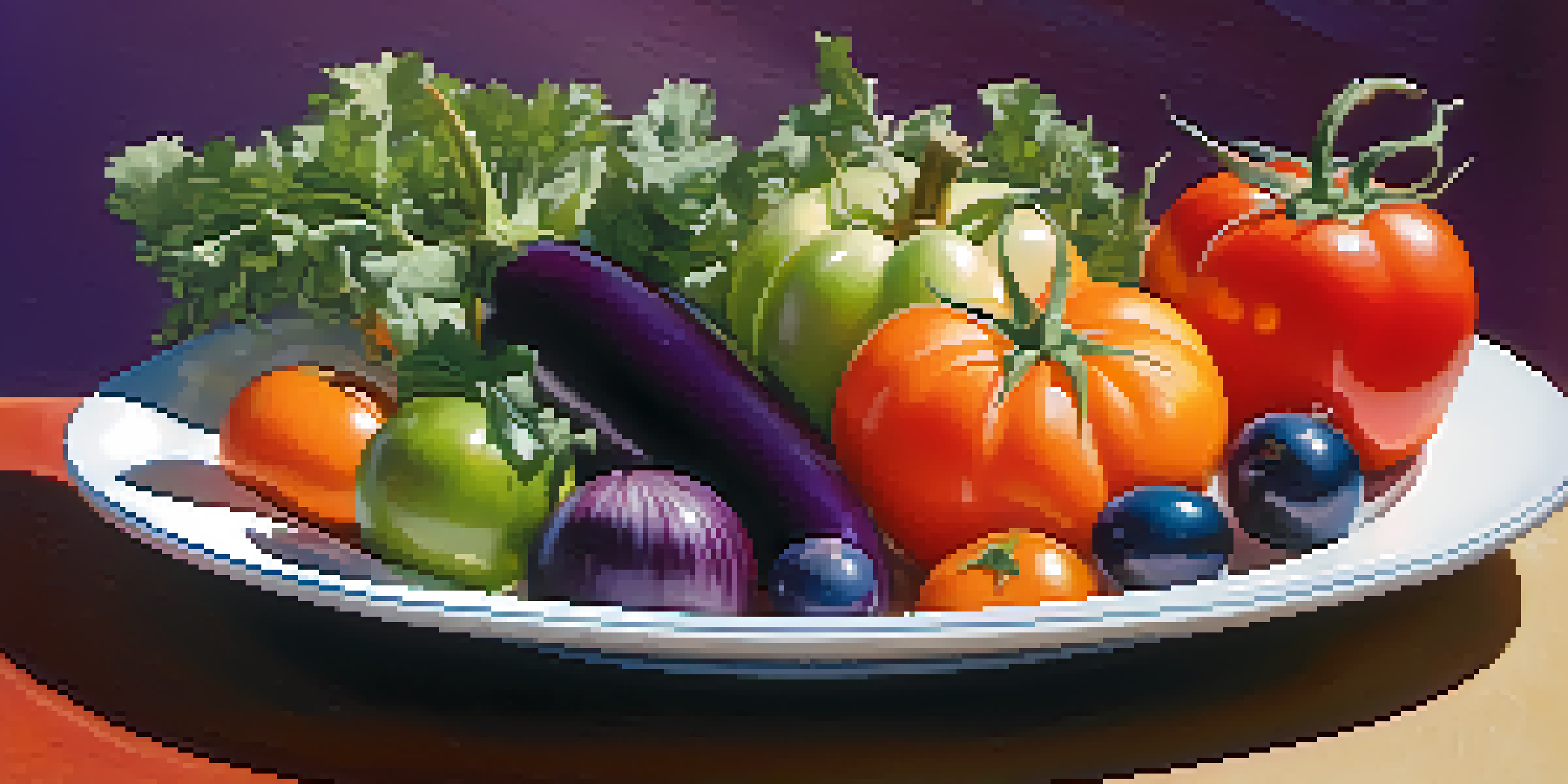 A colorful plate filled with fresh fruits and vegetables, including leafy greens, red tomatoes, purple eggplants, and orange carrots, illuminated by warm natural light.