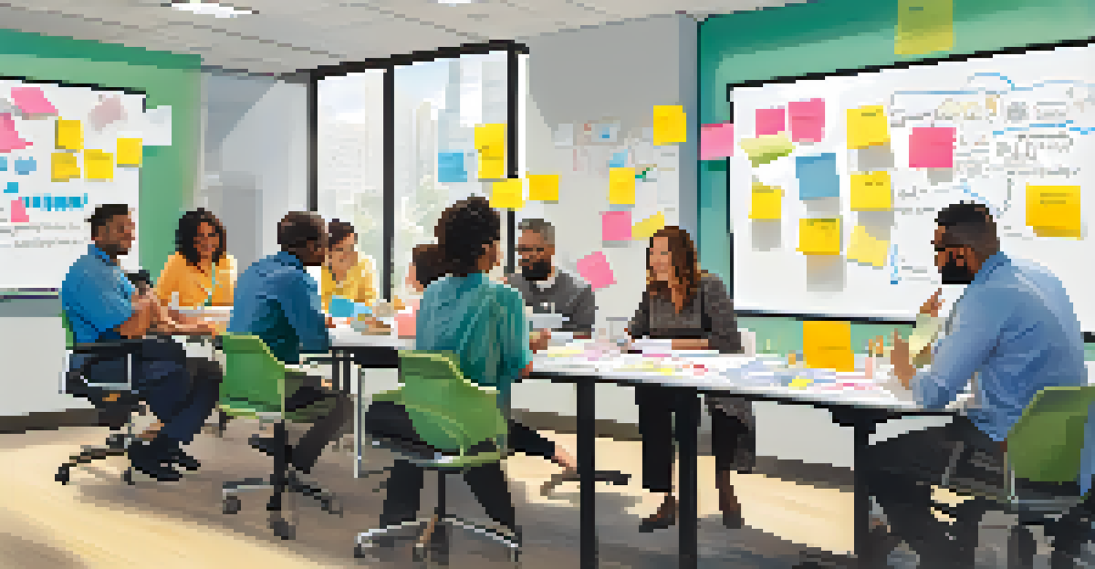 A diverse group of healthcare staff collaborating in a workshop setting, surrounded by sticky notes and brainstorming materials.
