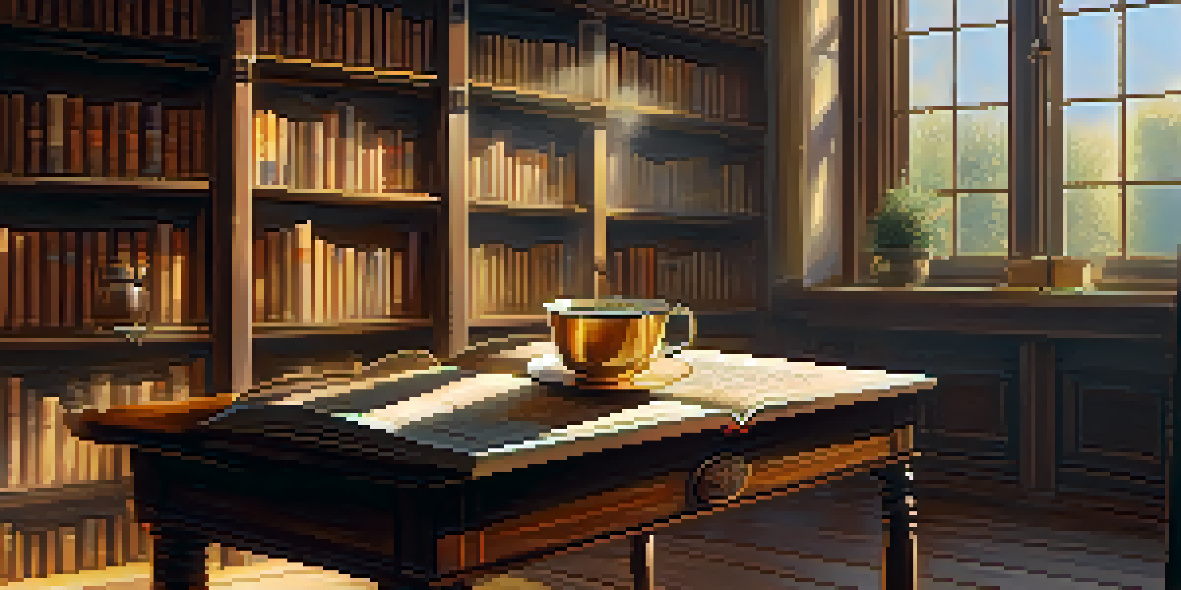 A cozy library with sunlight illuminating bookshelves and a table with an open book and a cup of tea.