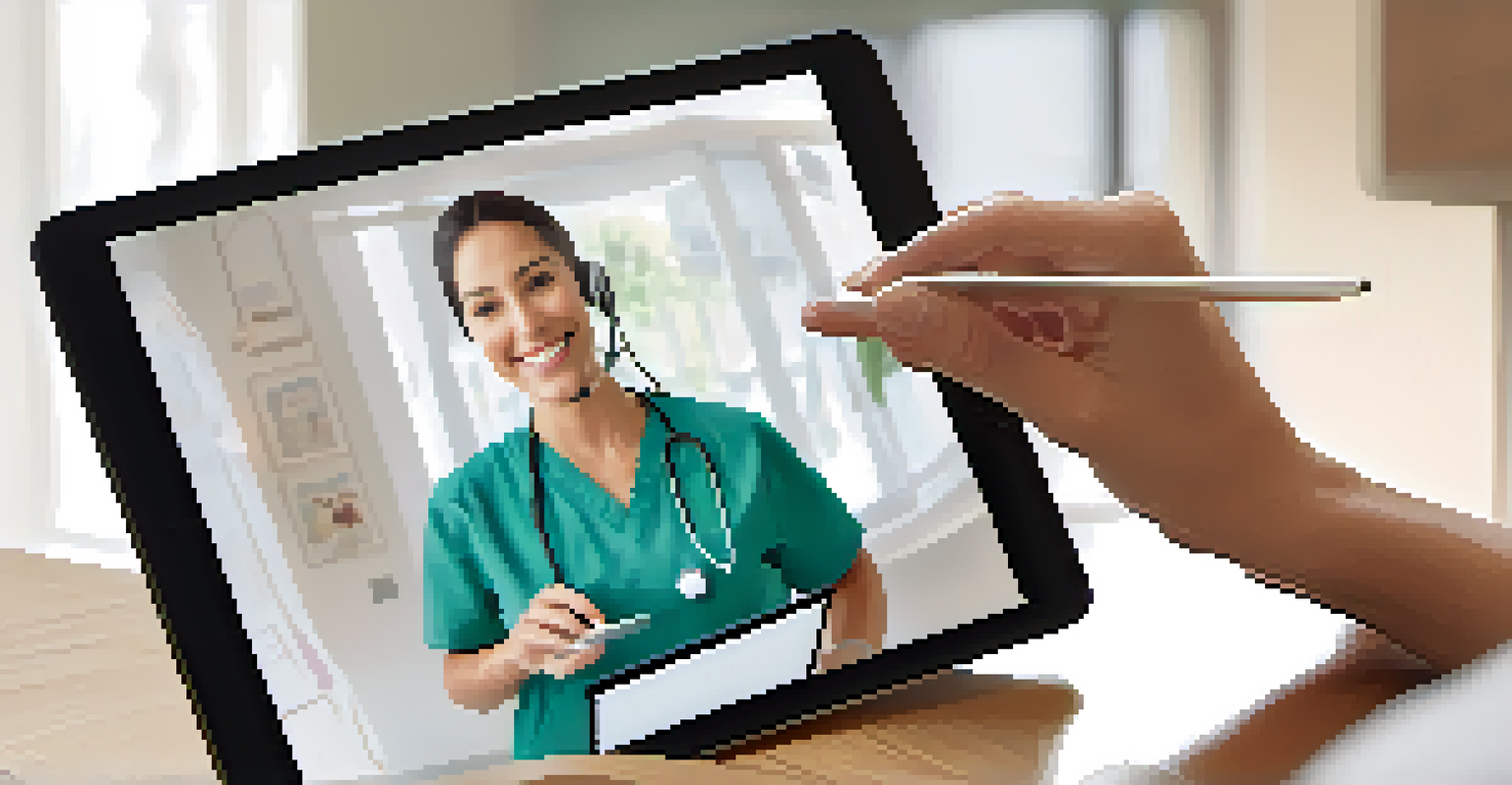 Close-up of hands using telehealth technology for a video call between a clinician and a patient, set in a cozy home environment.