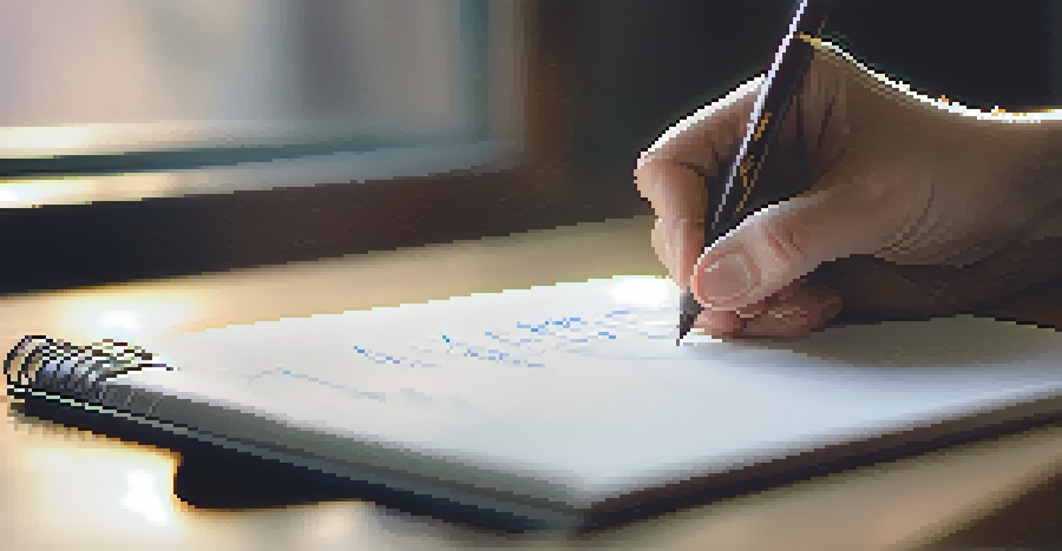 A close-up of a coach's hands writing feedback on a notepad, with a soft natural light creating a calm atmosphere.