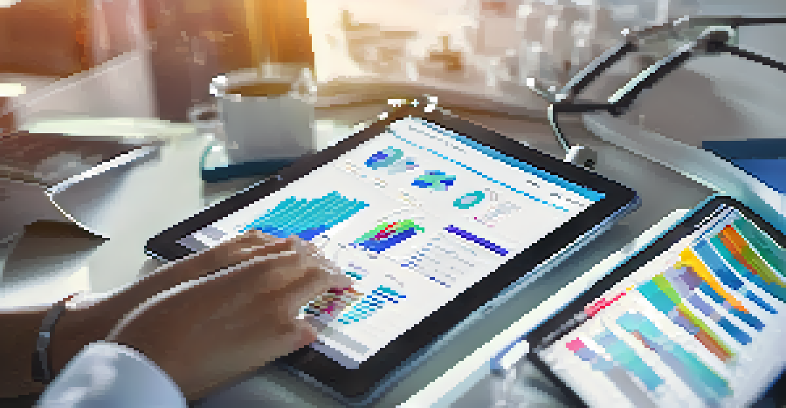 A healthcare professional accessing a patient's electronic health record on a digital tablet, with colorful data charts displayed.