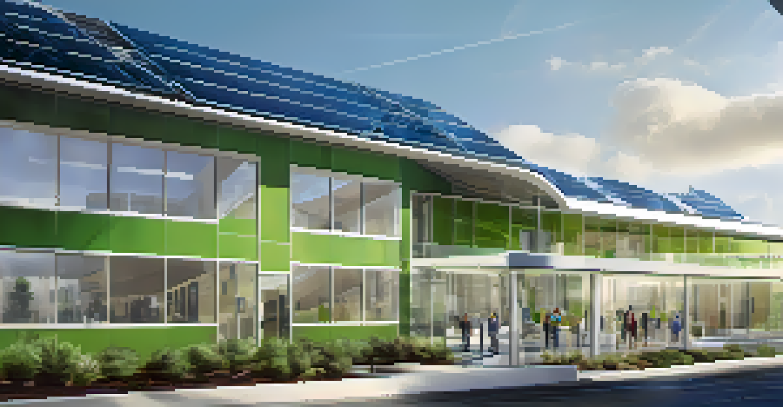 A modern, sustainable healthcare facility with solar panels and green walls, showcasing people interacting with professionals under a bright blue sky.