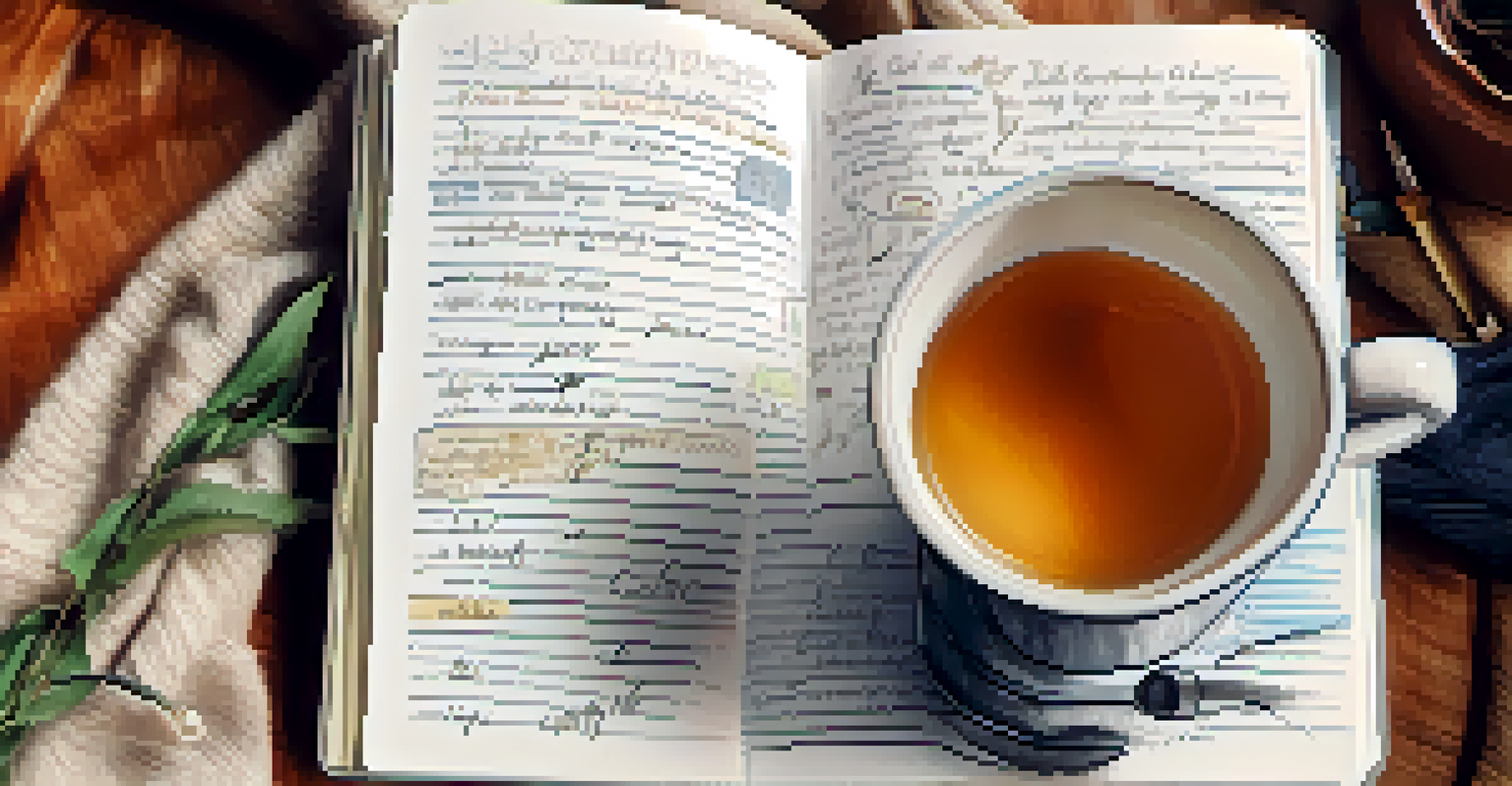 A close-up of a hand writing in a journal about coping strategies, with a cup of tea beside it.