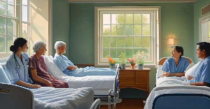 A calm hospital room with a patient in bed and family members offering support, surrounded by soft colors and natural light.