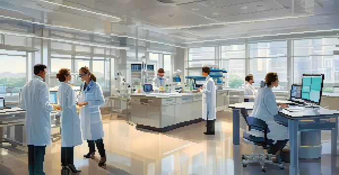 A clinical trial laboratory with researchers in white coats working with medical equipment and discussing data.