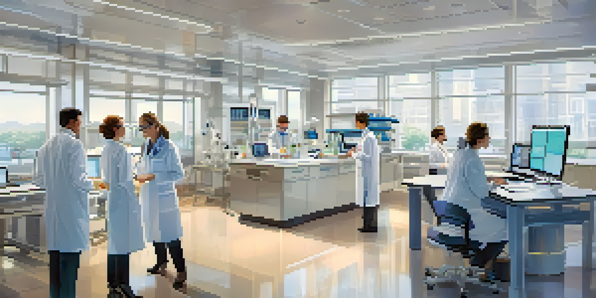 A clinical trial laboratory with researchers in white coats working with medical equipment and discussing data.