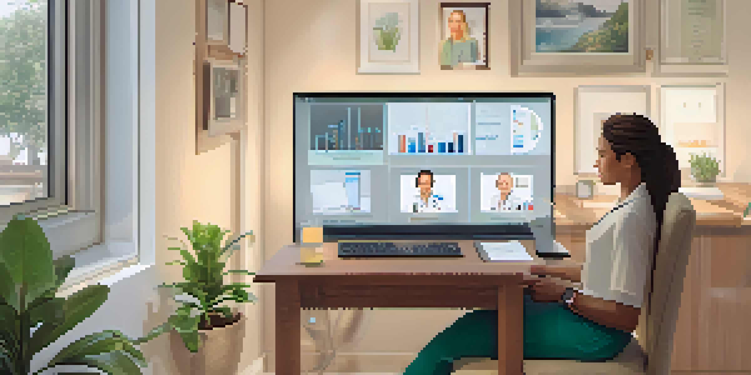 A healthcare professional holding a video consultation with a patient at home, surrounded by modern medical equipment and a well-lit office.