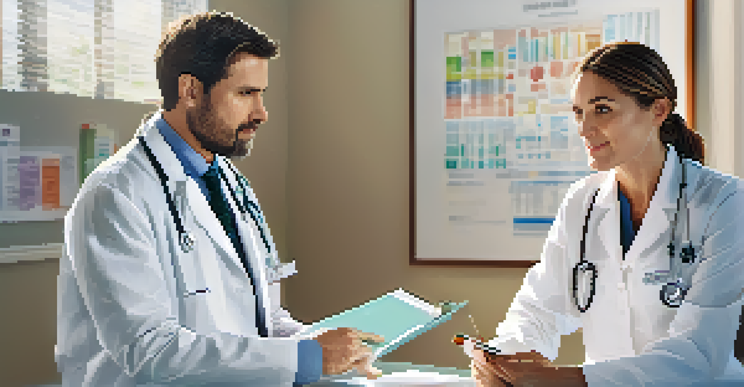 A doctor and a patient discussing health information in a modern healthcare office with a laptop and medical charts.