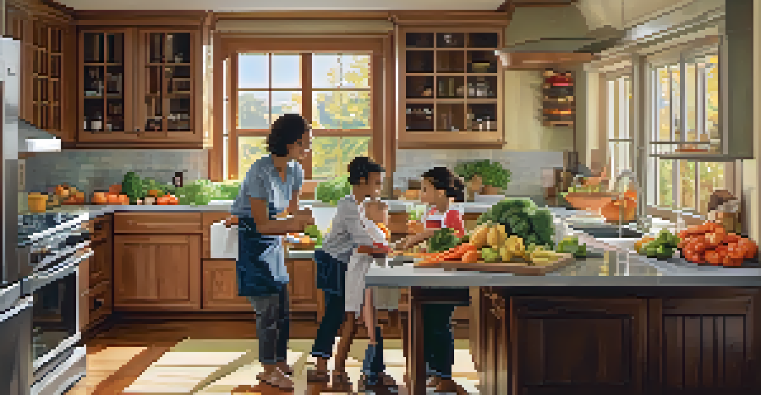 A family cooking together in a warm kitchen, surrounded by fresh fruits and vegetables, emphasizing healthy meal preparation.