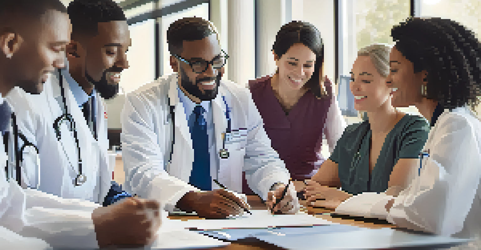 A diverse group of healthcare professionals discussing a patient's care plan in a bright conference room.