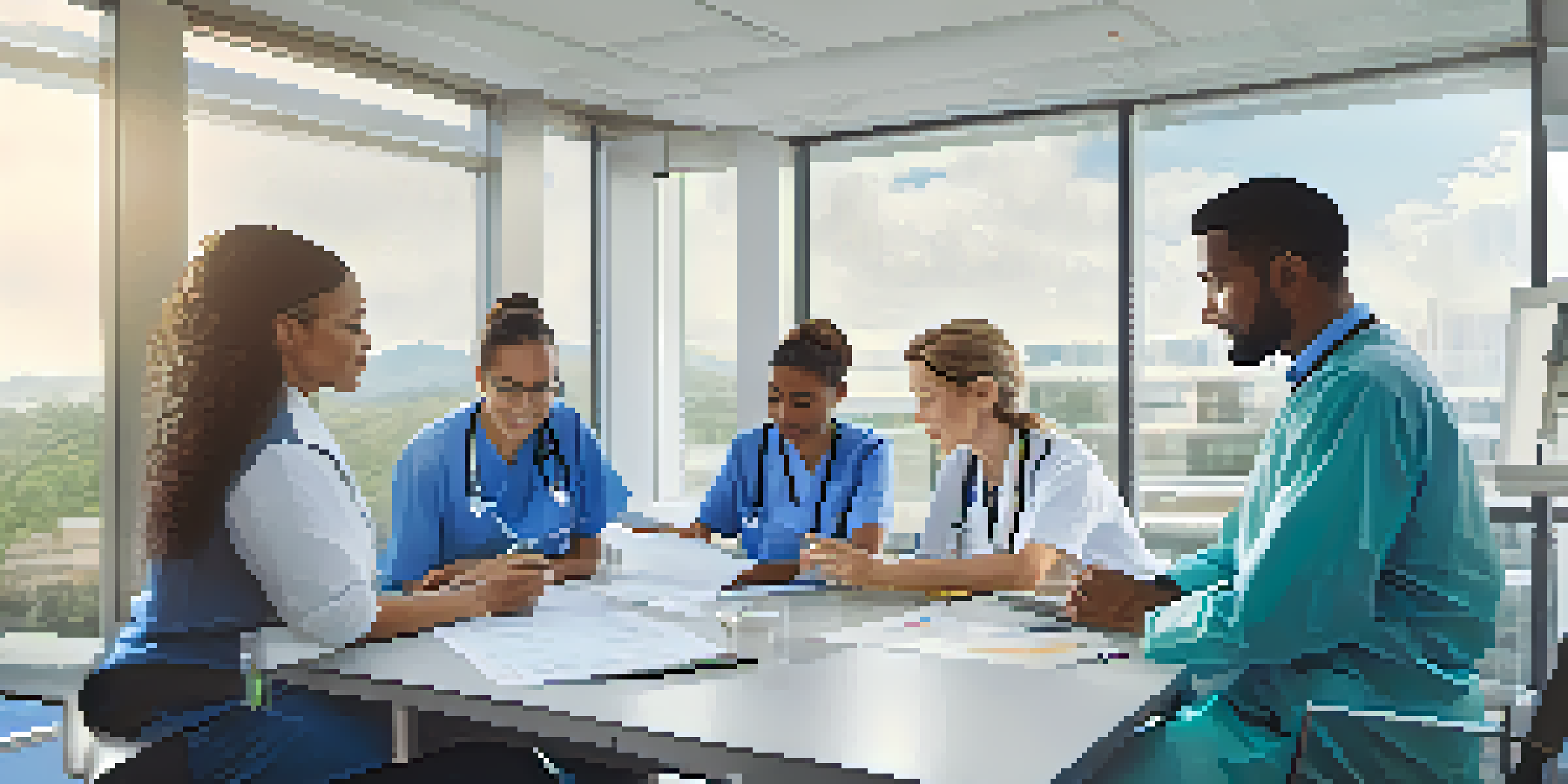 A diverse group of healthcare professionals collaborating in a well-lit healthcare setting, discussing a patient's care plan with charts and digital devices.