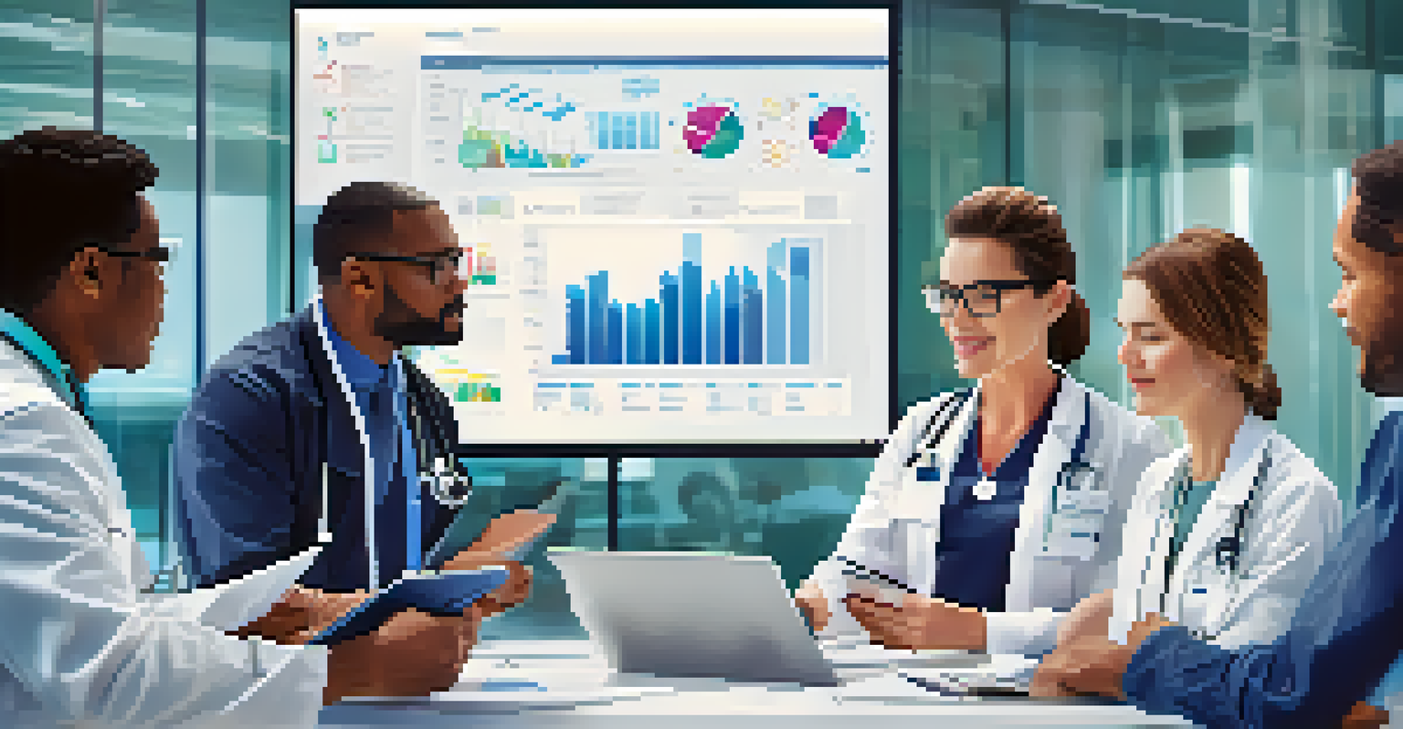 A diverse group of healthcare professionals discussing patient data over a tablet in a modern meeting room.