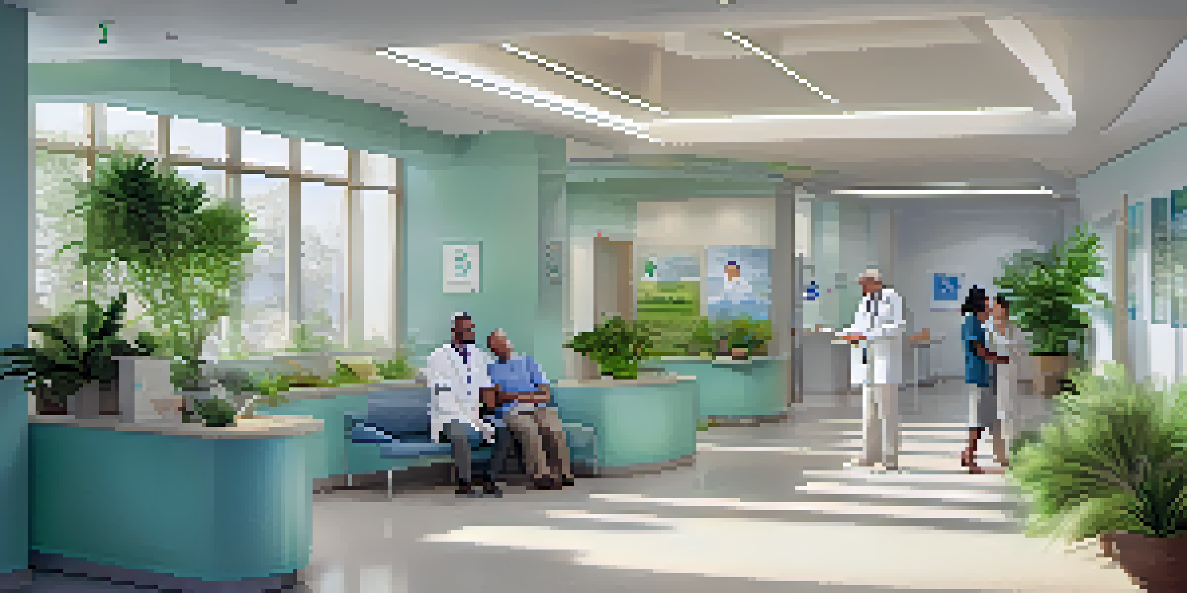 A modern healthcare clinic with a friendly reception area, diverse patients, and plants, all under soft lighting.