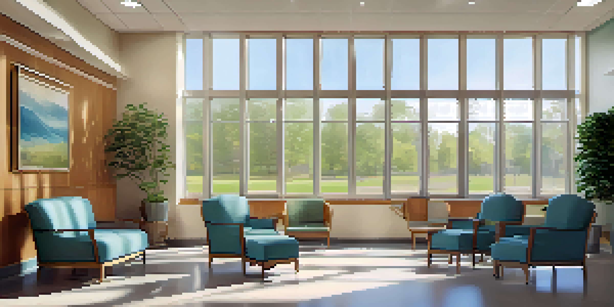 A senior-friendly healthcare environment with wide hallways, comfortable seating, and staff assisting elderly patients in a bright and welcoming space.