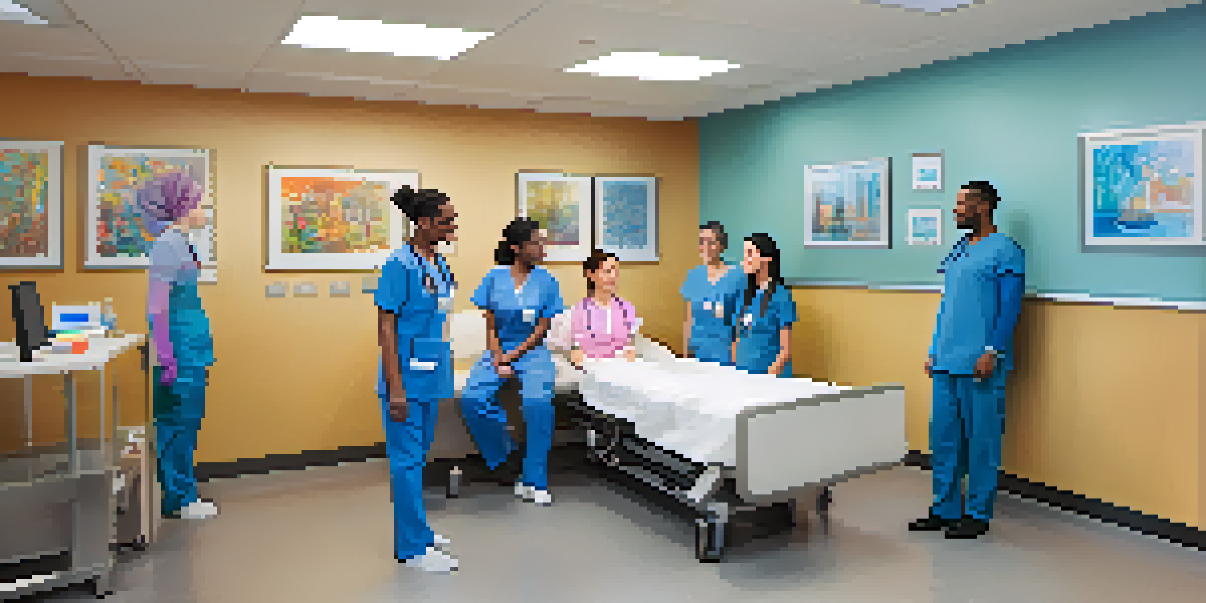 A diverse group of healthcare professionals discussing with patients from various cultural backgrounds in a bright and welcoming clinic.